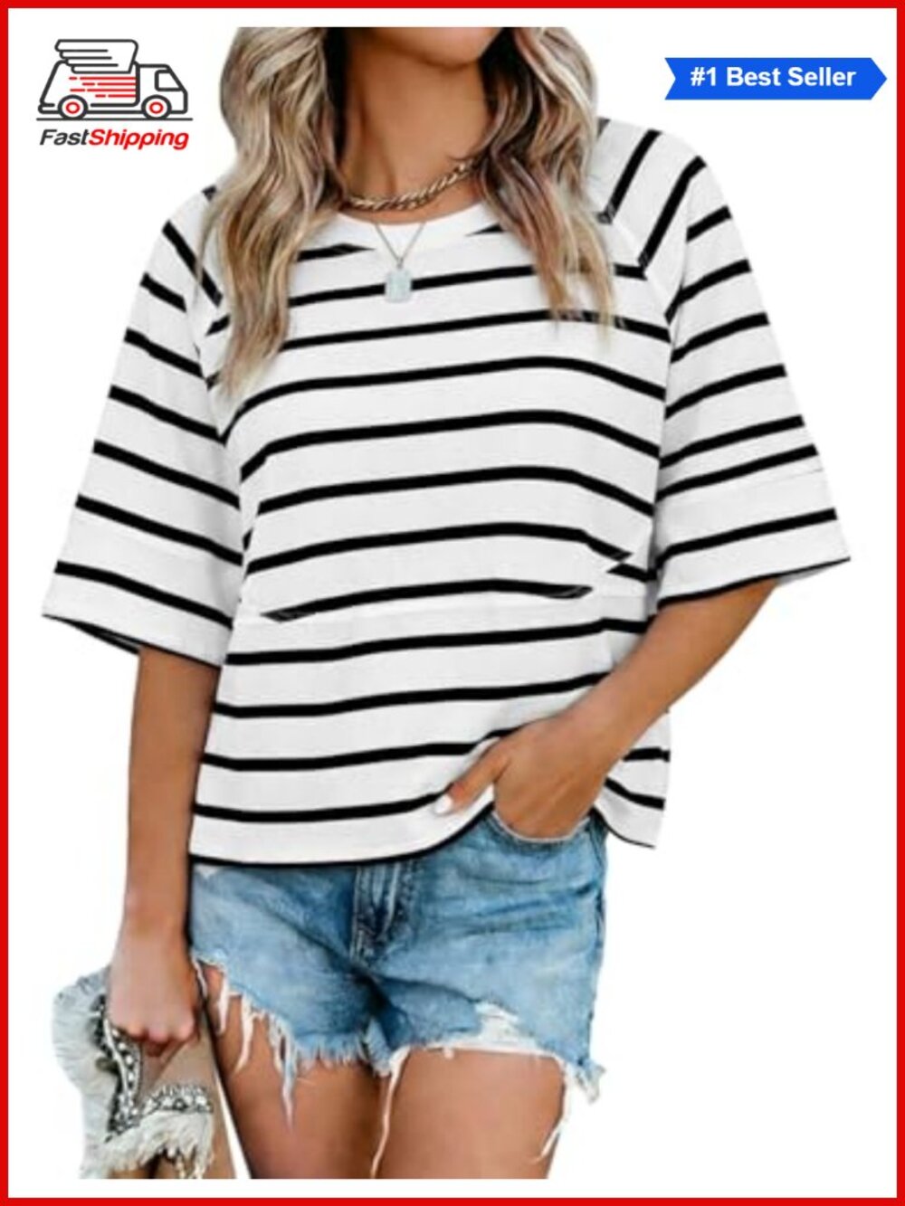Women's Summer T-Shirt Loose Fit 3/4 Sleeve Crewneck Cotton Blend Casual Top